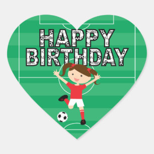 Adesivo Coração Menina 1 do aniversário do futebol vermelha e