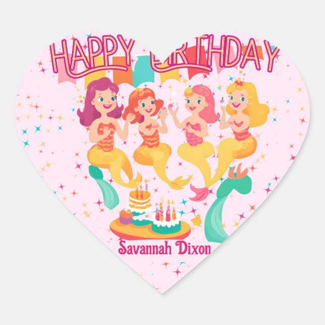 Adesivo Coração Mermaid Happy Birthday Heart Stickers (Frente)