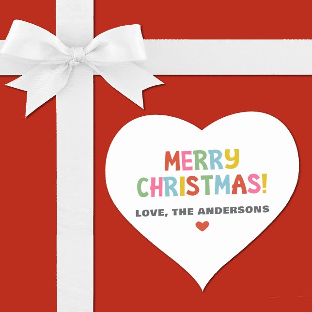 Adesivo Coração Moderno Colorir Feliz Natal (A cute heart shaped sticker with the words Merry Christmas is colorful typography.)