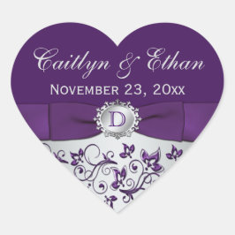 Adesivo Coração Monograma Cinza Roxa Vinheta-Favor