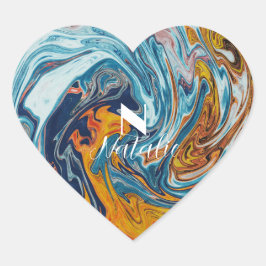 Adesivo Coração Monograma Dourado Azul Elegante