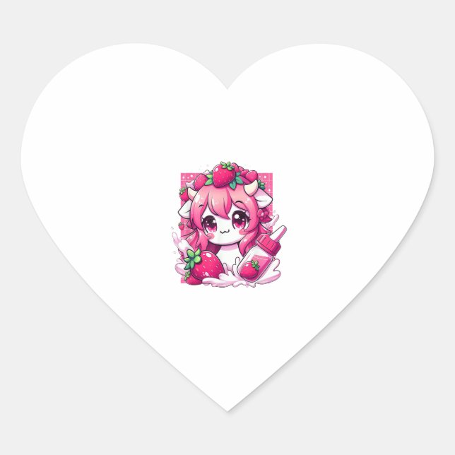 Adesivo Coração Morango Vaca Kawaii Anime Morango Leite _1 (Frente)