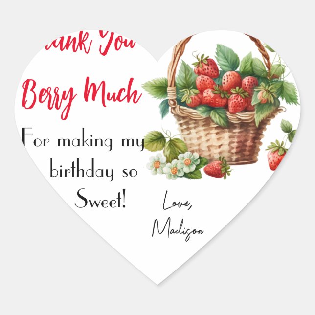 Adesivo Coração Muito Obrigado Berry Strawberry Aniversário Floral (Frente)