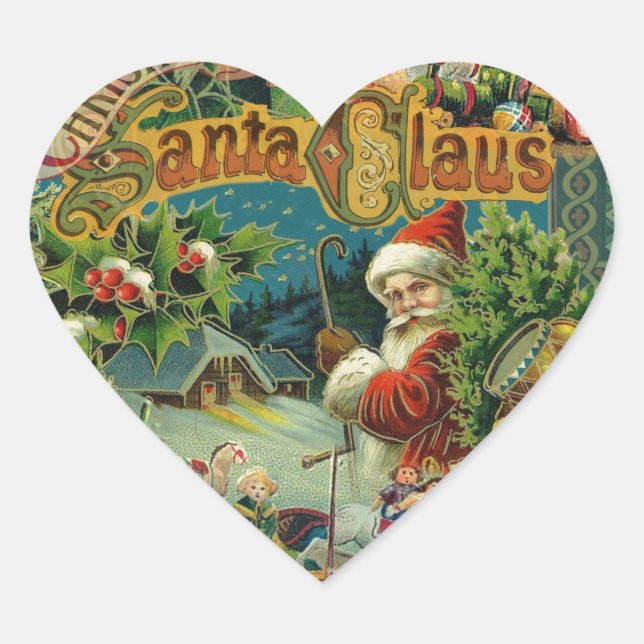 Adesivo Coração Natal Santa Claus Arte Antiquada (Frente)