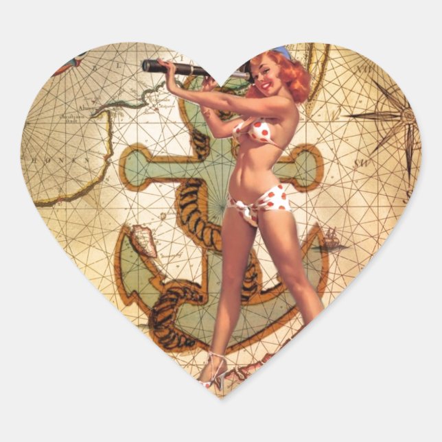 Adesivo Coração Náutico Map Beach Bikini Pin Up Girl Sailer (Frente)