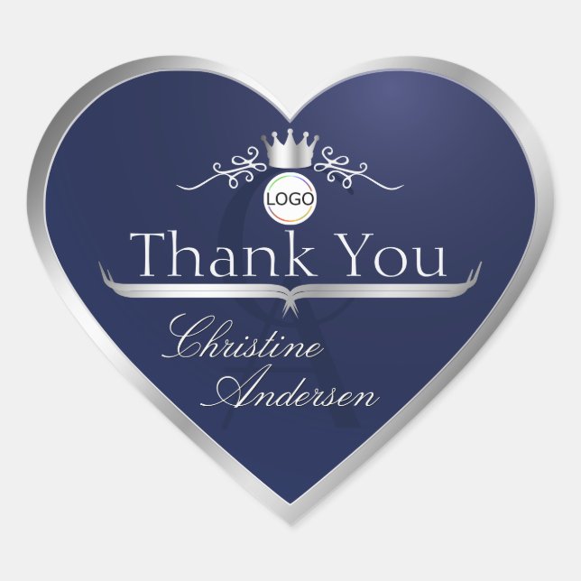 Adesivo Coração Navy Blue Silver Frame Logo and Monogram Thank You (Frente)