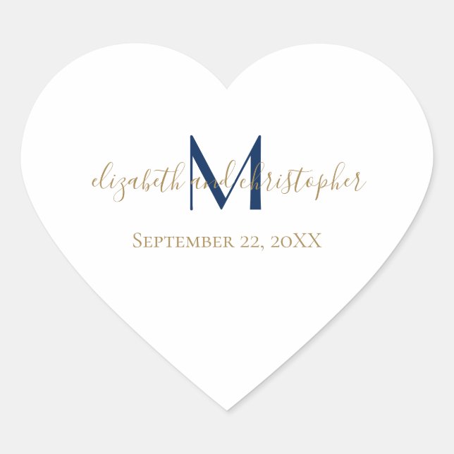 Adesivo Coração Nome Monograma Iniciais Casamento Dourado Azul (Frente)