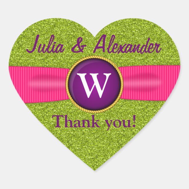 Adesivo Coração Obrigado Faux Ribbon Jewel Green Glitter Heart (Frente)