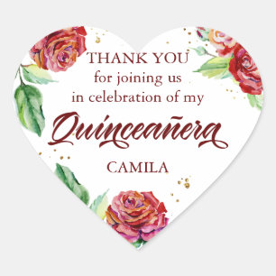 Adesivo Coração Obrigado Red Dourada Floral Watercolor Quinceanera