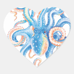 Adesivo Coração Octopus Blue Watercolor Art