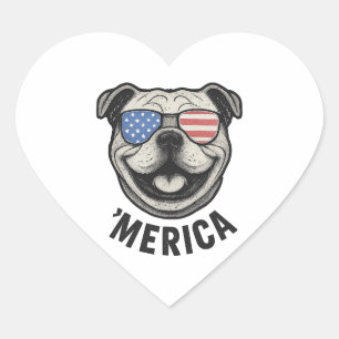 Adesivo Coração Óculos de Sol Patriota Bulldog 'MERICA � Bandeira 
