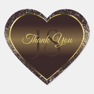 Adesivo Coração Ouro Castanho com Iniciais de Glitter Muito Obriga