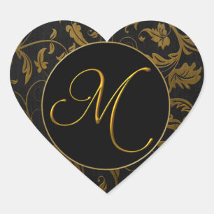 Adesivo Coração Ouro do monograma M e selo preto do casamento tema