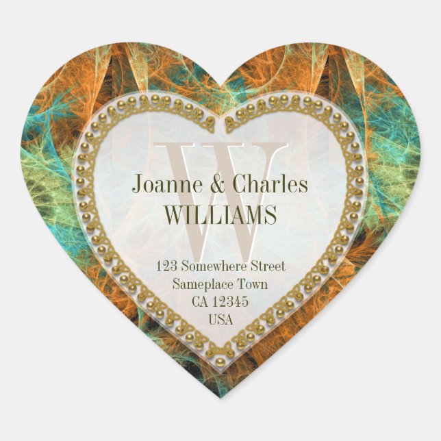 Adesivo Coração Ouro Natureza Vinhetas Laranja Verde Monograma (Frente)