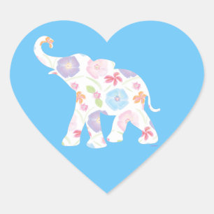 Adesivo Coração Padrão de Arte de Elefante Feliz Flor Azul Único