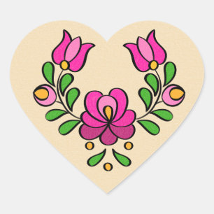 Adesivo Coração Padrão de bordado húngaro, "Matyó" - rosa
