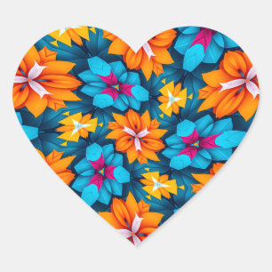 Adesivo Coração Padrão de Flores Azul e Laranja