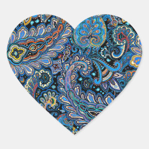Adesivo Coração Padrão Vibrante de Paisley em Azul sobre Preto