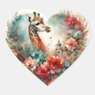 Adesivo Coração Paisagem Floral de Girafas em Aquarela Safari