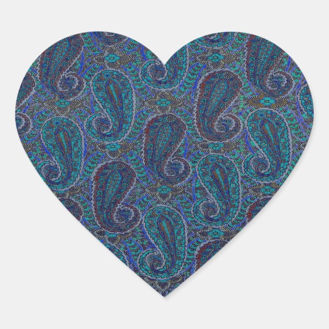 Adesivo Coração Paisley Azul Indiano Boho Clássico Vintage (Frente)