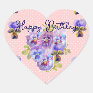 Adesivo Coração Pansies Roxas Feliz Aniversário Padrão de Flor