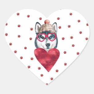 Adesivo Coração Patas Vermelhas Rosadas Cachorro Husky Siberiano D