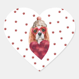 Adesivo Coração Patas Vermelhas Rosadas do Cavalier Spaniel do Dia