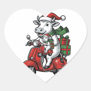 Adesivo Coração Patinete de Cavalgar Vaca de Natal Engraçado Desig