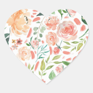 Adesivo Coração Peach Blush Watercolor Floral Weding Heart Seal