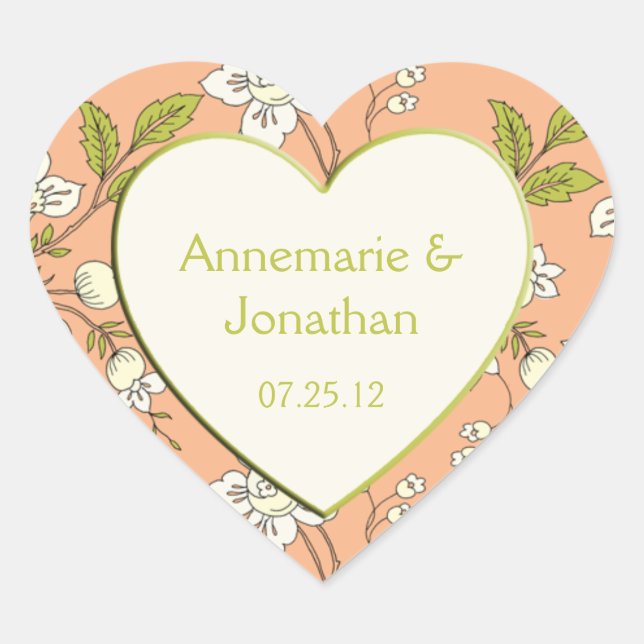Adesivo Coração Peach Cream Green Flowers Sticker (Frente)