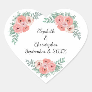 Adesivo Coração Personalizado Elegante Rosa e Verde Floral