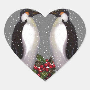 Adesivo Coração Pinguins do Natal na neve, azevinho: Arte