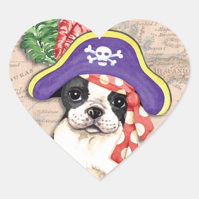 Adesivo Coração Pirata Terrier de Boston (Frente)