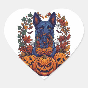Adesivo Coração Pitbull Azul Abóboras de Halloween Folhas de Outon