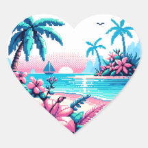 Pixel Art Ocean Pink and Blue Tropical Art