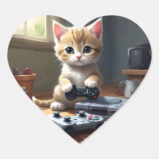 Adesivo Coração "Pixel Paws: The Gamer Kitten in Action" (Frente)