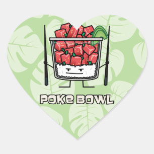 Adesivo Coração Poke bowl Hawaii salada de peixe cru chopsticks ak
