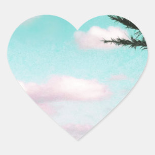 Adesivo Coração Praia Tropical, Ocean View, Nuvens Rosa, Palm