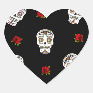 Adesivo Coração RAB Rockabilly Açúcares Caveiras Rosas Em Preto
