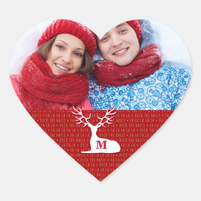 Adesivo Coração Reindeer Branco Monograma com Foto (Frente)