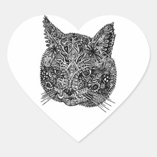 Adesivo Coração Retrato Ornamental de Gato Negro e Branco