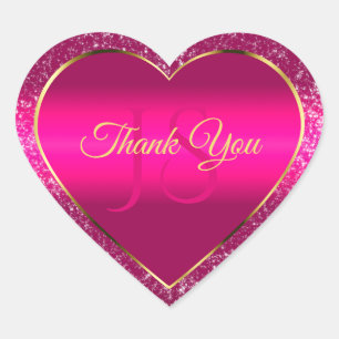 Adesivo Coração Rosa Dourado com brilho e iniciais Muito obrigado