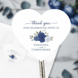 Adesivo Coração Rosas de Aquarela Azul Casamento Elegante Obrigado