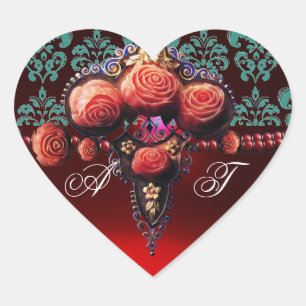 ADESIVO CORAÇÃO ROSAS DO CORAL VERMELHO, MONOGRAMA DO CORAÇÃO DO