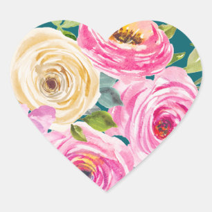 Adesivo Coração Rosas em Aquarela em Rosa e Creme em Azul Turquesa