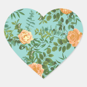 Adesivo Coração Rosas Florais Aqua Peach Wedding