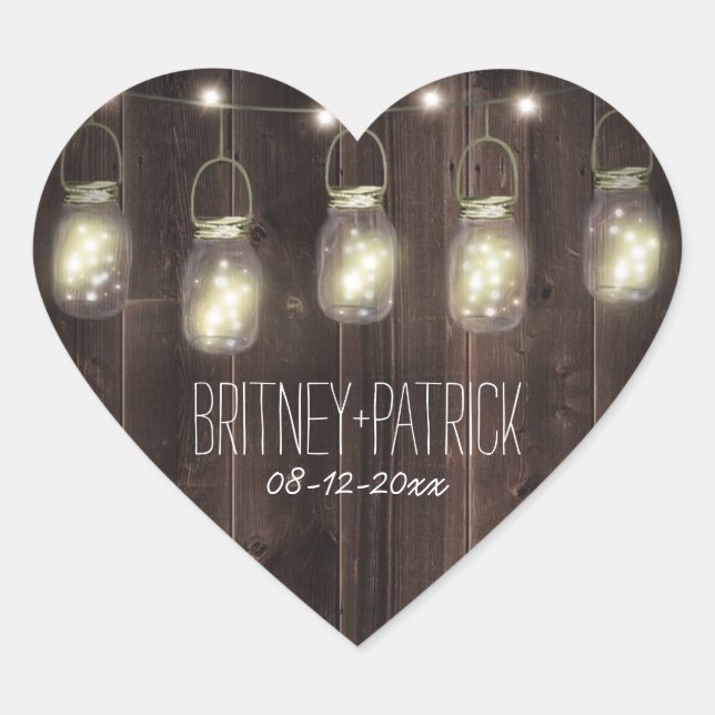 Adesivo Coração Rustic Barn Wood Mason Jar Wedding Favor (Frente)