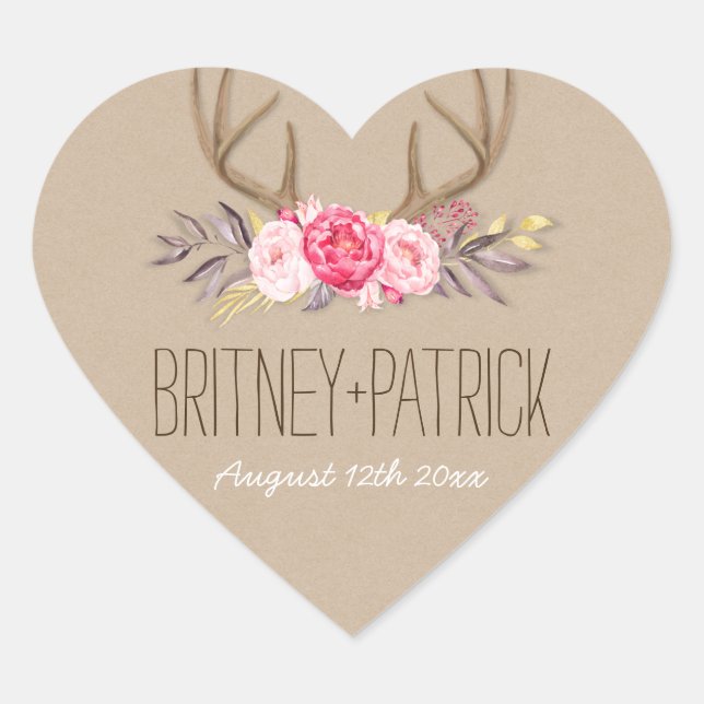 Adesivo Coração Rustic Peony & Deer Antler Casamento Favorece Seal (Frente)