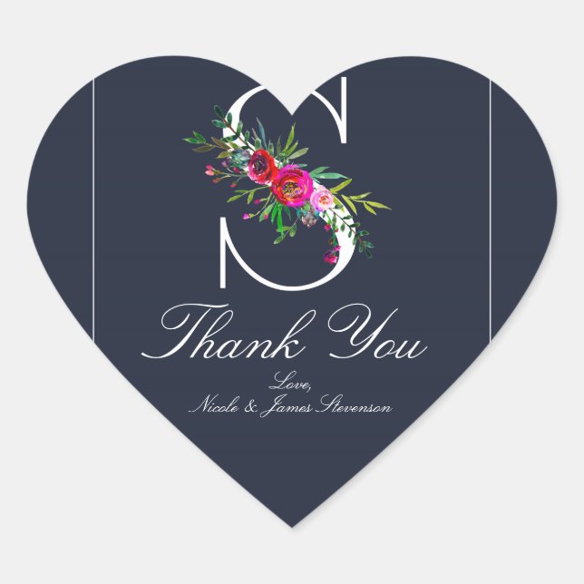 Adesivo Coração S Monograma Último Casamento Floral Azul Moderno I (Frente)