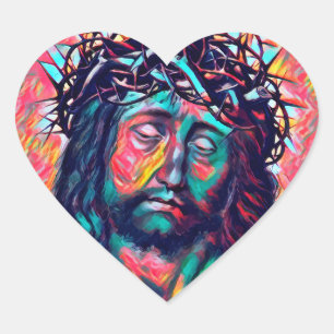 Adesivo Coração Sad Jesus Christ Face Thorn Crown Abstract art